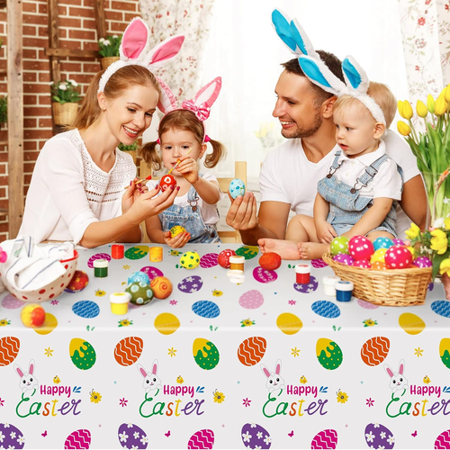3 Pcs Easter Tablecloth-Happy Easter Bunny Table Cover, Disposable Plastic Recta - Picture 2 of 12