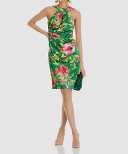 Eliza J Women's Green Satin Floral Twisted High Neck Sleeveless Dress Size 2