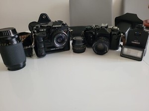 A Chinon CE 5 SLR power winder s camera. Zenith EM camera. 3x Chinon auto...