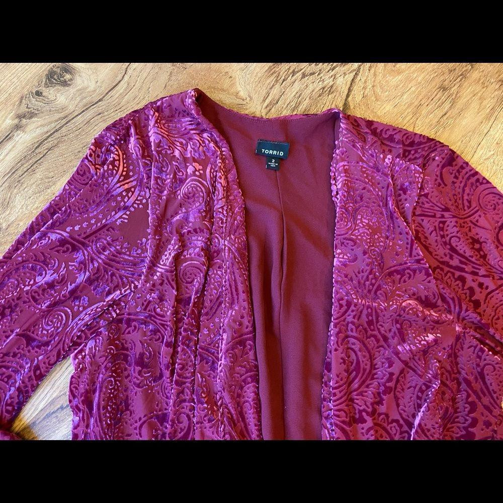 Torrid maroon velour paisley pattern cardigan - image 2