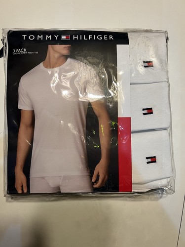3 Tommy Hilfiger Crew Neck T-Shirts Cotton White 3 Pack Classic Fit New Large