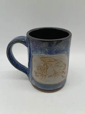 Mountain Toes Ceramics Studio Pottery Mug Blue Glaze 3D Mountain Climbing Signed - Image 1 of 4