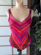Vtg 80s Cole of Calif Swimsuit One Piece Chevron Stripe Peek-a-boo Button Front