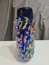 Vintage Venetian Murano Glass Millefiori Flower Vase Vessel Colorful 7" Blue EUC