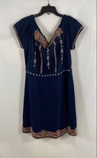 Tory Burch Women's Navy Blue Embroidered Cotton Peasant Mini Dress Sz XL