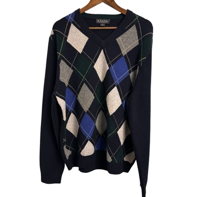 Brooks Brothers Sweater Scottish Lambs Wool Argyle Diamond V Neck Men s XL