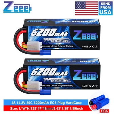 2x Zeee 4S Lipo Battery 6200mAh 14.8V 80C EC5 HardCase for RC Car Truck Buggy
