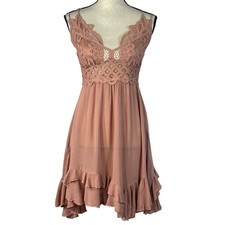Free People One Medium Adella Slip Mini Dress Rose Crochet Lace Flowy Smocked