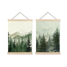 Forest Wall Art Set of 2, 12x16 Inches   Green Pine Tree Mountain Landscape P...