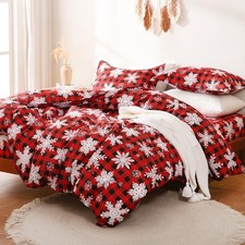 Red Buffalo Plaid Duvet Cover Set Size, 3 Piece Christmas Queen Snowflakes
