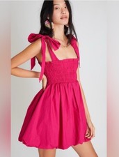 LoveShackFancy Smocked Bow Strap Bubble Hem Mini Dress XS Pink