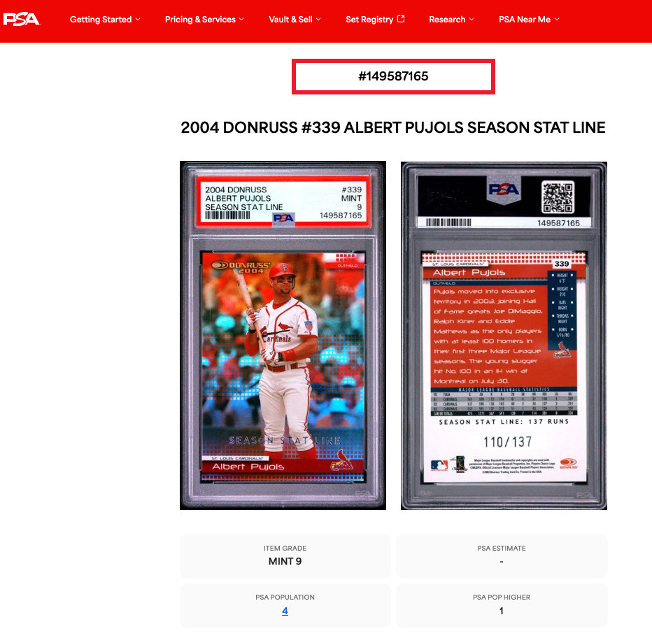 2004 Donruss Albert Pujols SEASON STAT LINE /137 PSA 9 MINT! 🔥 WOWWW! view 3