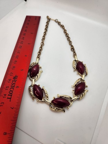Vintage Burgunder Cabochon Goldfarben Halsreif Halskette & Ohrclips - Bild 6 von 7