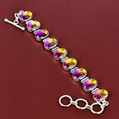 Faceted Ametrine Gemstone Bracelet 925 Sterling Silver Adjustable Chain Bracelet