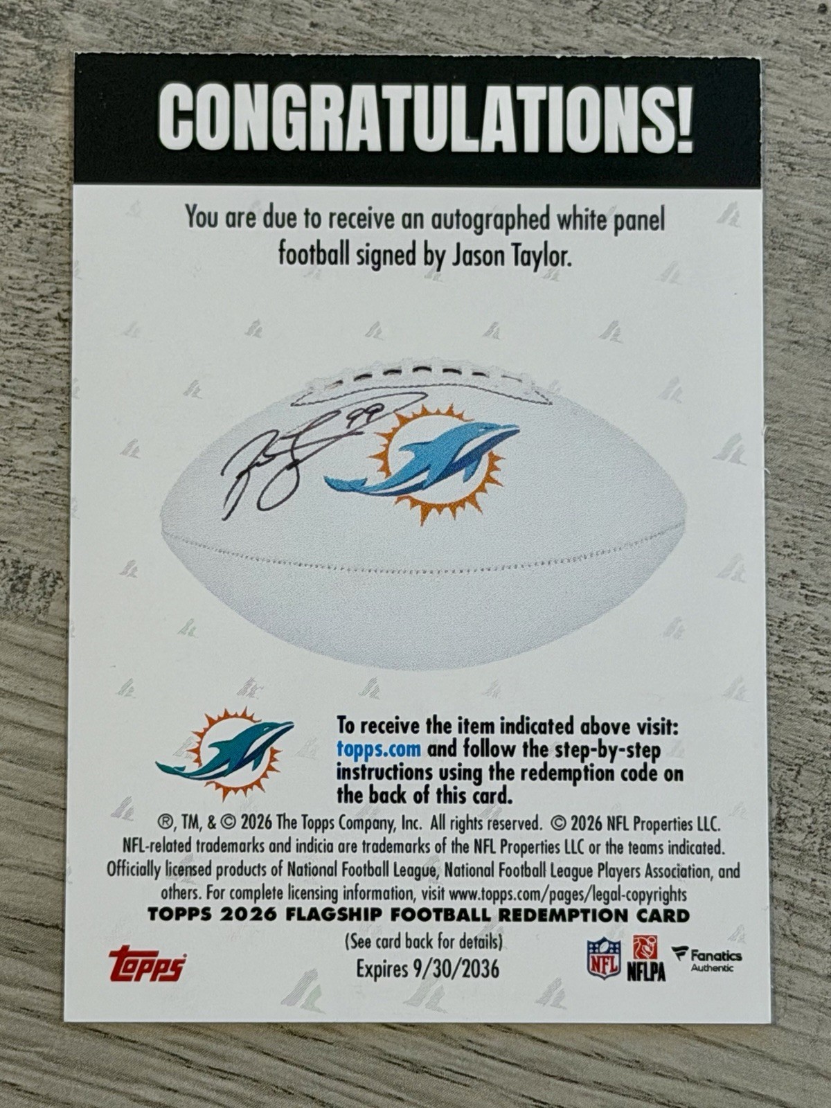 2026 Topps Flagship Football Redemption Card - Jason Taylor Auto White Panel FB