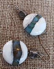 Handmade Artisan White  Blue Glass Earrings, Hooks, Spiral Accent Bead