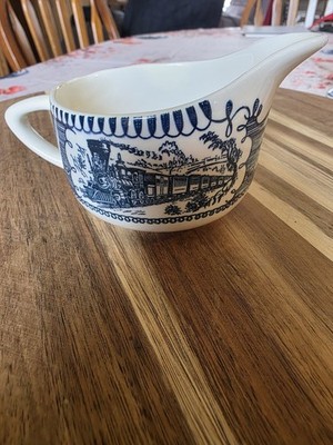 Currier & Ives königsblau und weiß SIRUP Milchkännchen Cho Cho Eisenbahn Zug Dekor