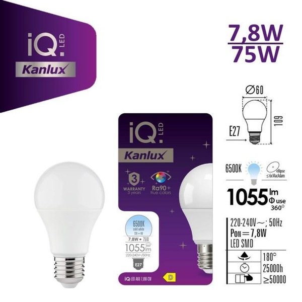 ŻAróWka ŹRóDłO śWiatłA Led E27 IQ-LED A60 7,8W-CW 1055Lm 6500K Barwa Zimna 3 Lat-image