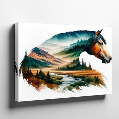 Horse and Mountain Landscape Canvas Wall Art Nature Scene River Forest Print