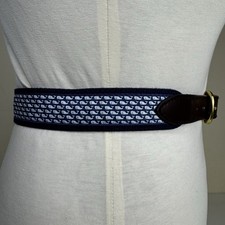 Vineyard Vines Whale Print Ribbon Belt Navy Brown Leather Brass Boys Size 28