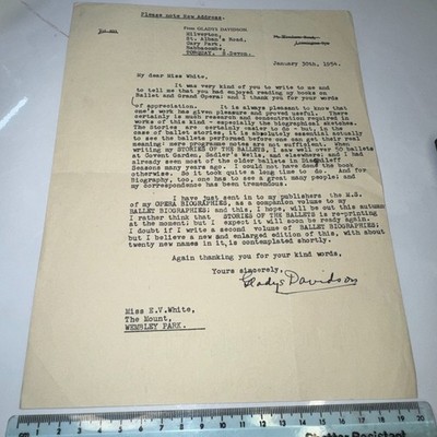 Gladys Davidson Writer Opera Ballet 1p ALS Autograph Signed Letter Torquay 1954