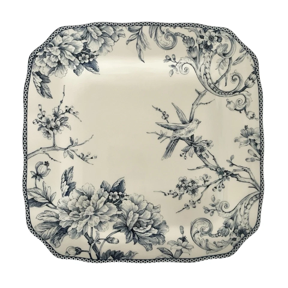 222 FIFTH ADELAIDE BLUE SQUARE 11” DINNER PLATE Set of 2 NEW FLOWER BIRD DESIGN - Image 2 of 4