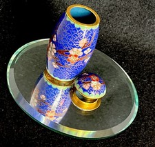 Chinese Antique Cloisonne Enamel Jar Blue With Sakura Branches 2.5” W Stand