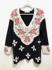 Vintage 1980's Maggie Lawrence Embroidered Granny Core Sweater Black floral