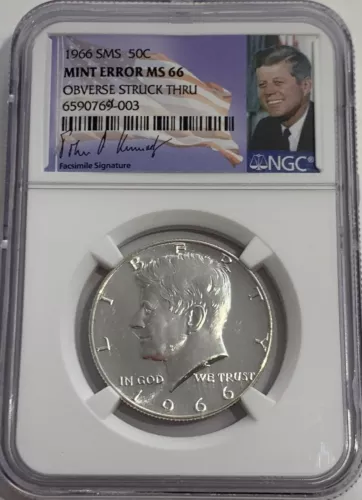 1966 SMS NGC MINT ERROR MS66 OBVERSE STRUCK THRU KENNEDY HALF DOLLAR 50C FLAG LB