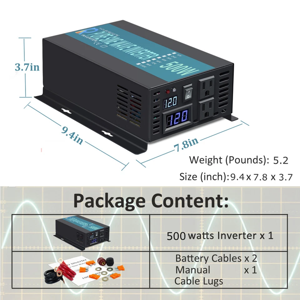 WZRELB Pure Sine Wave Inverter Off Grid 12V 24VDC to 110V 120V AC 500W 60HZ CAMP - Image 4 of 4