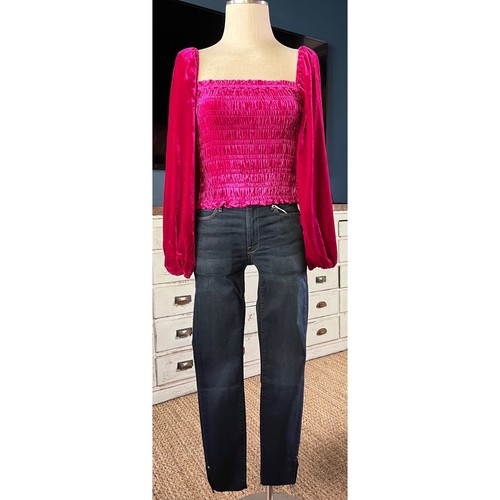 NWT New $128 Anthropologie Puff Sleeve Longsleeve Magenta Velvet Blouse Top S - Picture 3 of 12
