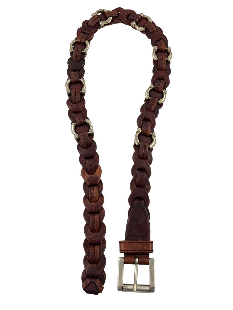 Aimee Lynn Belt M Brown Leather Brass Buckle Braided Link Horseshoe Western Amiee Lynn Brown Leather links Belt Silver tone Horseshoe  main image 4