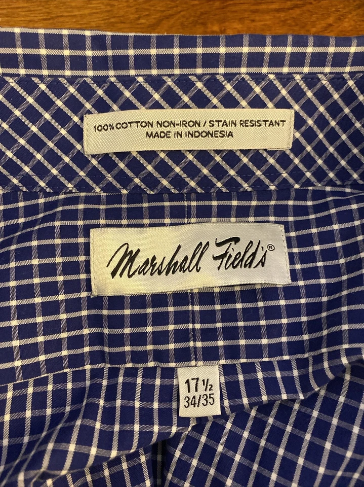 Camisa de Vestir Marshall Field's Talla 17.5 34/35 con Estampado a Cuadros Manga Larga - Usada en Excelente Condición Foto 3 de 3