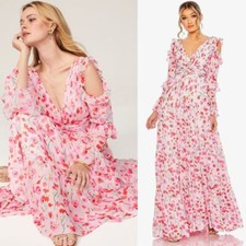 Mac Duggal NEW Ruffle Sleeve Floral Print Chiffon Gown White Multi $598 Size 2