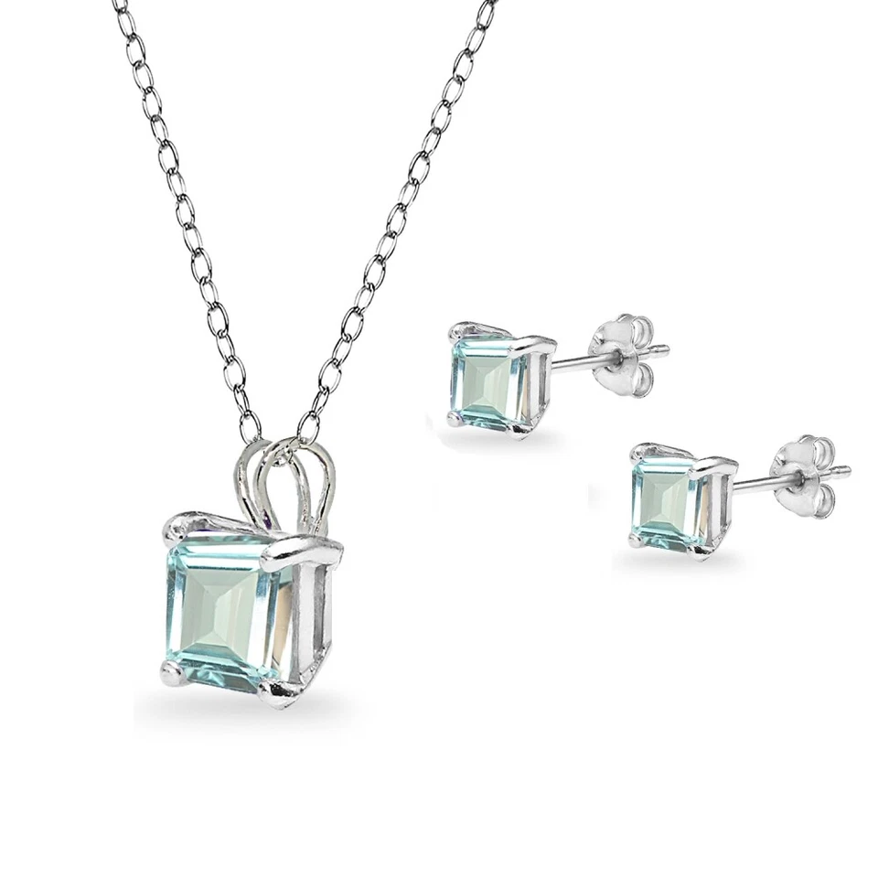 Juego de collar y aretes solitario aguamarina talla princesa en plata 925 Foto 2 de 3