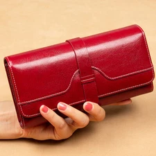  Genuine Leather Women's Long Clutch Trifold Wallet RFID Blocking ID Card Holder