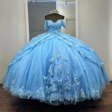 Sky Blue Quinceanera Dresses Layered Lace-up Applique Backless Bow Floor Length