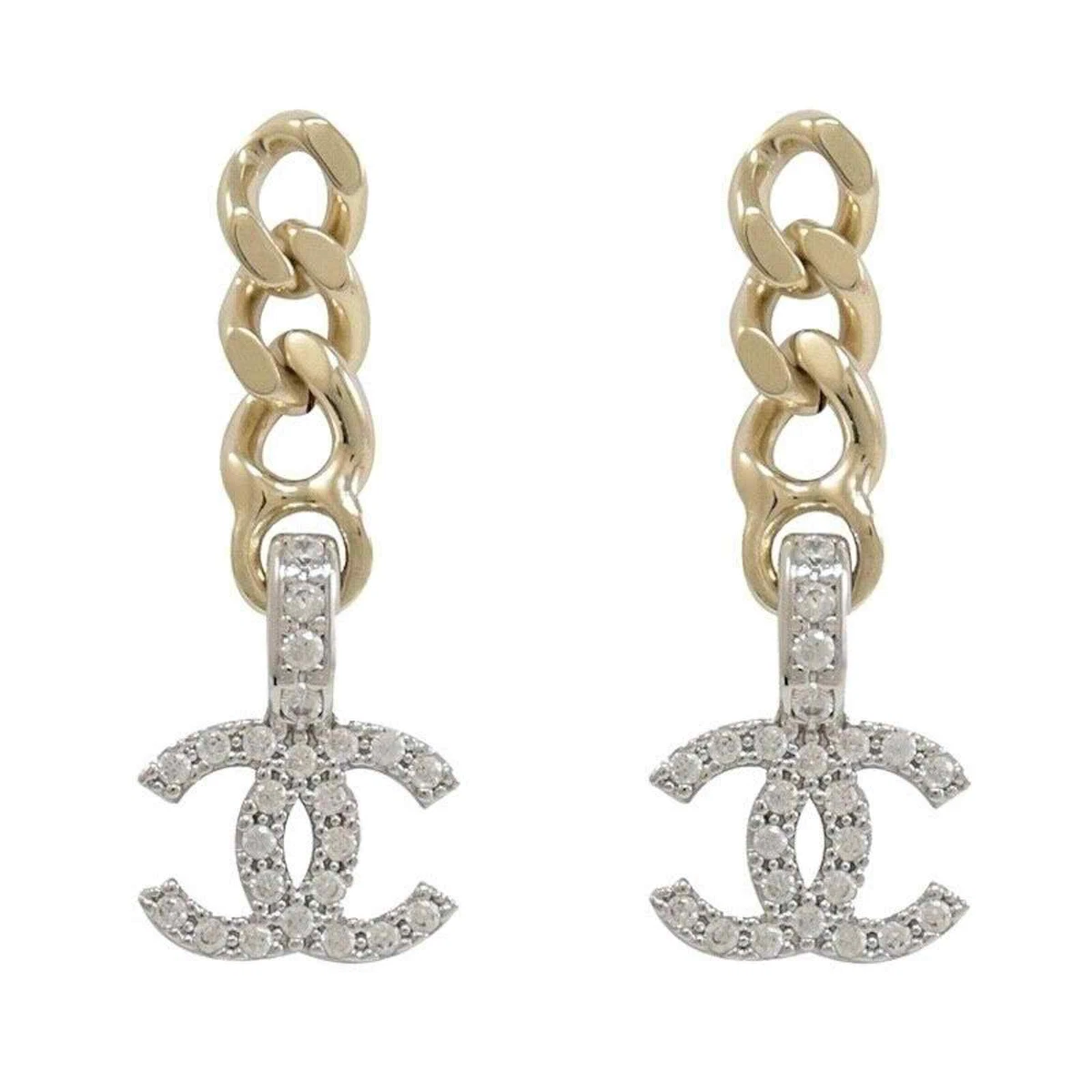 Chanel 22S Gold Link Chain Silver Crystal CC Logo Large Dangle Drop Stud  Earring