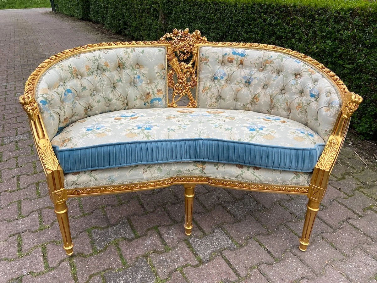 Sofa Couch French Louis XVI Vintage Gilded Pistachio Damask Wood Settee