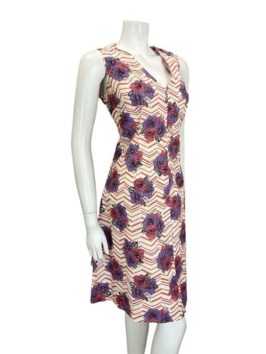 VTG 60S 70S WHITE PINK PURPLE ORANGE CHEVRON FLORAL PLUNGING V NECK DRESS 16 - Picture 6 of 10