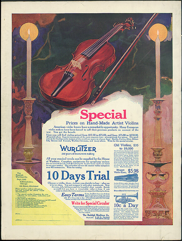 Special prices on HandMade Artist Violins Rudolph Wurlitzer ad 1916 eBay