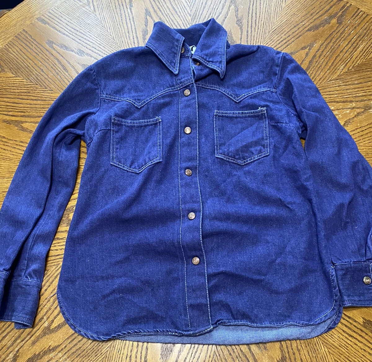 Vintage Kmart 60s 70s Western Blue Denim Button Up Long Sleeve Shirt S M