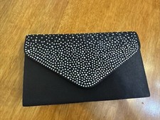 Rhinestone Clutch Evening Purse Black Satin With Metal Shoulder Strap Evening
