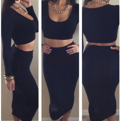 Women Sexy Long Sleeve High Waisted Two Piece Bodycon Bandage Clubwear Dress  | eBay