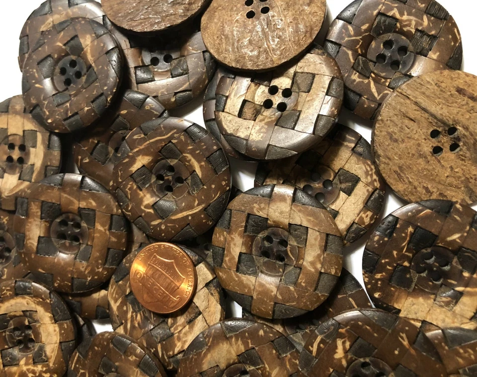 Set of 2 Vintage Big Brown Coconut Inlaid Woven Buttons 34mm Almost 1 3/8" 11672 - Image 2 of 4