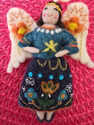 Wool Felt Embroidered Angel Christmas Ornament World Market Nepal Handmade NWT