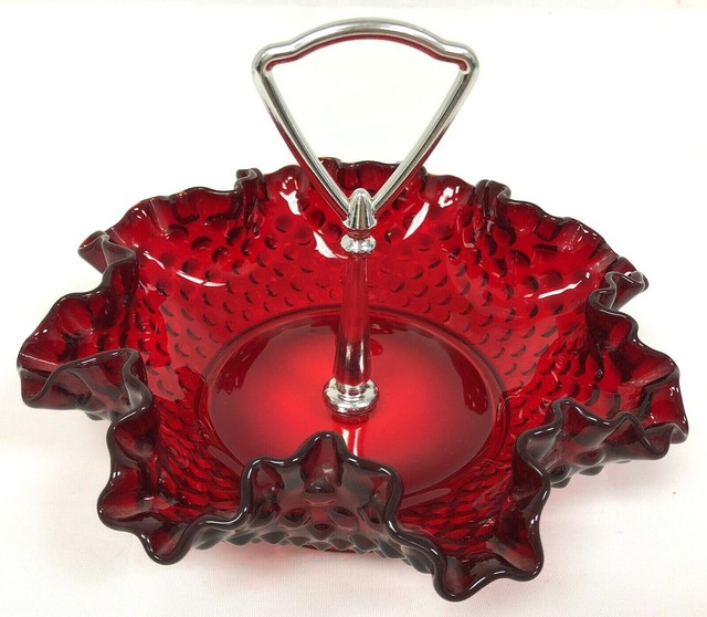 Vintage 1970's Fenton Ruby Red Amberina Hobnail Ruffled Candy Dish w