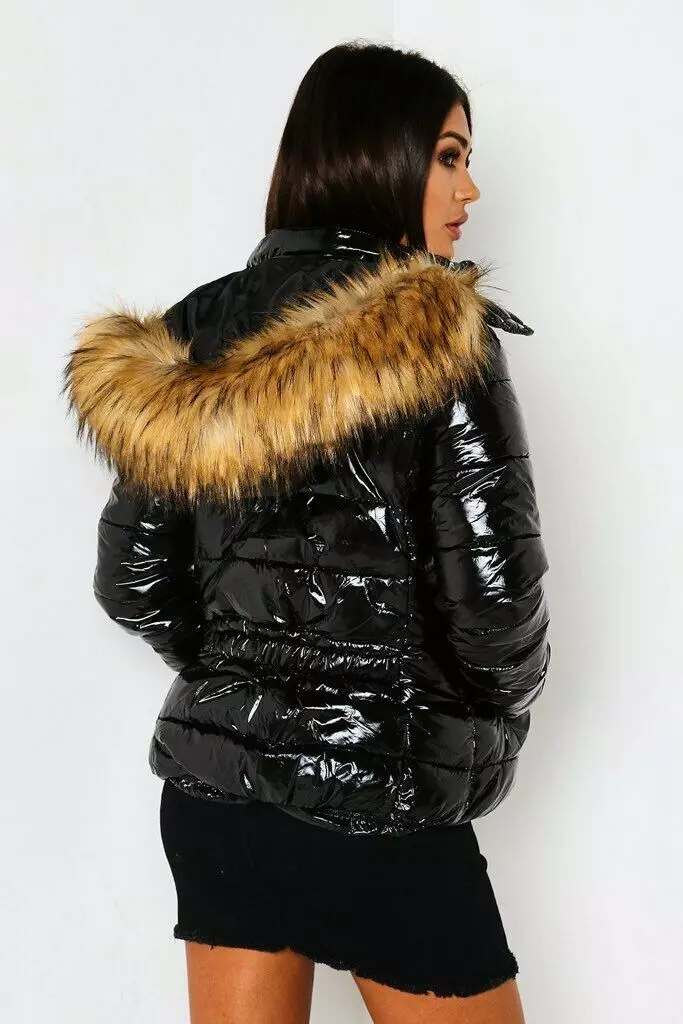 Shiny black coat with fur hood sale