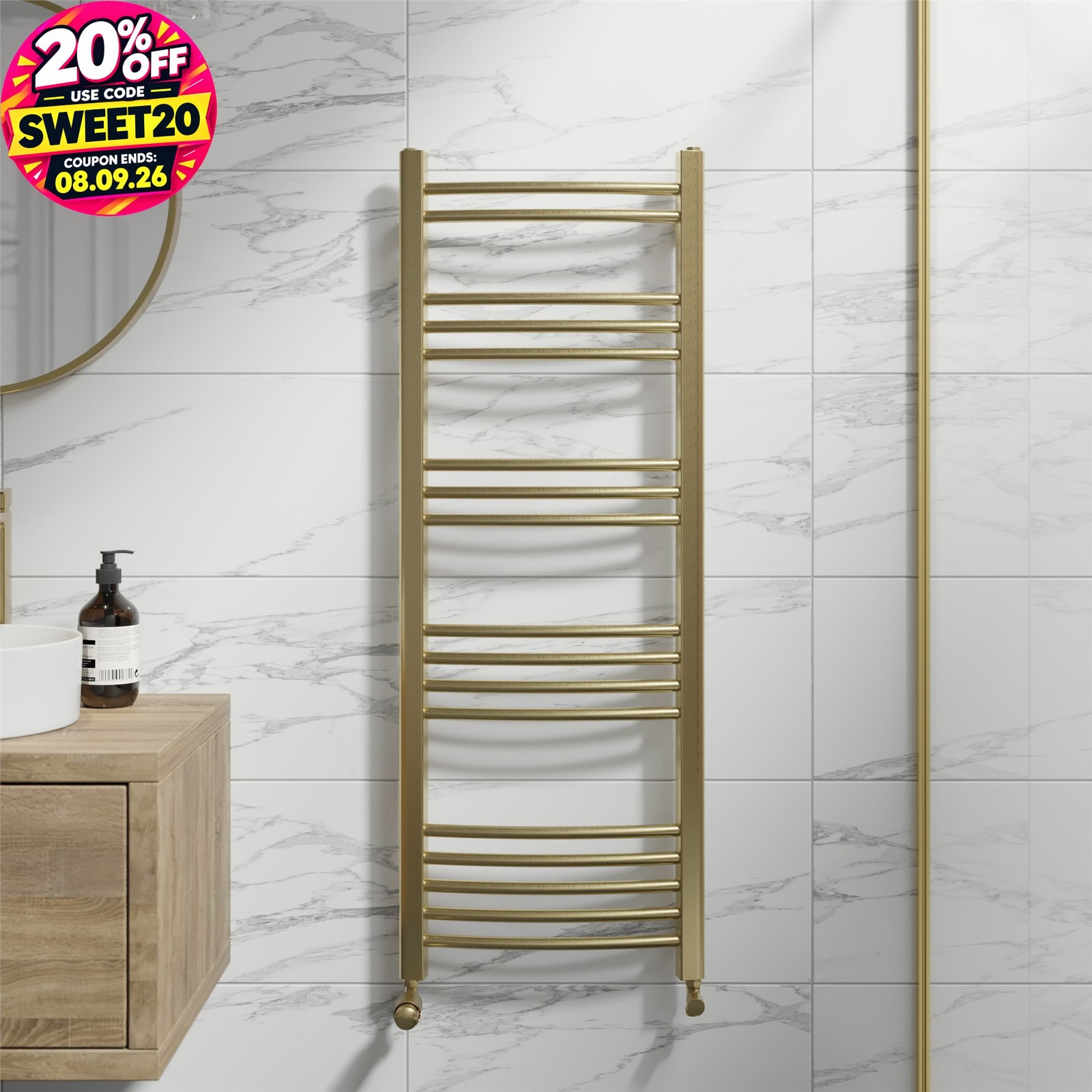 RadiLux Curved Heated Towel Rail Brushed Brass - 1200 x 450mm