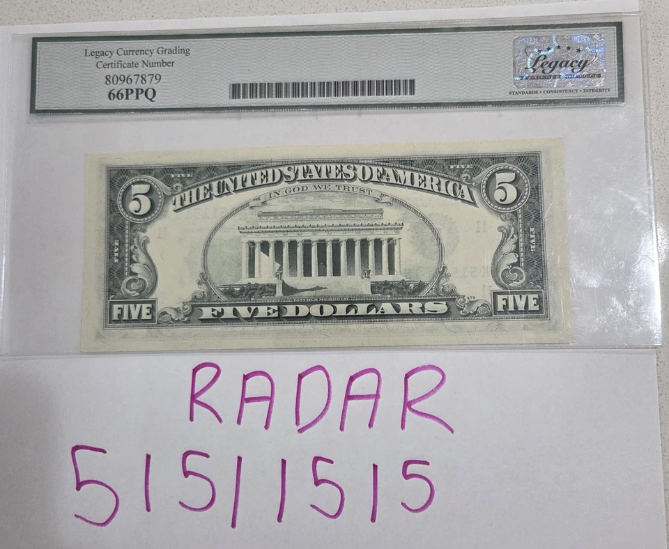 1977 $5 Federal Reserve Note FR1974-K 66PPQ - Fancy Radar Serial Number 15155151 - Image 2 of 2
